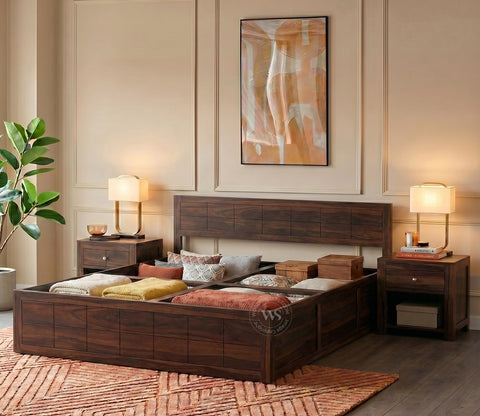 Brixton Sheesham Wood Bed With Box Storage (King Size, Walnut Finish)