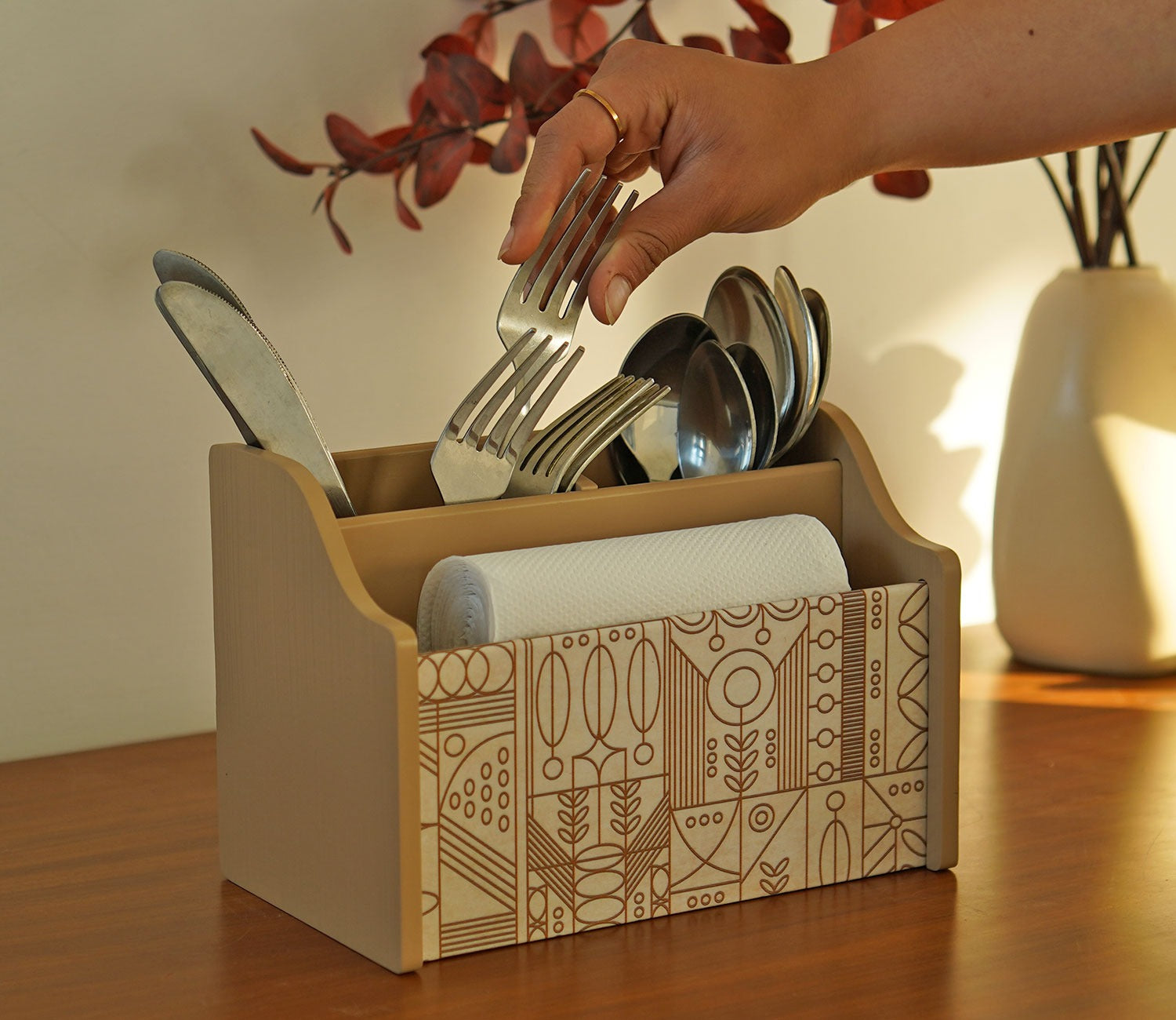 Laurel Wooden Cutlery and Napkin Holder