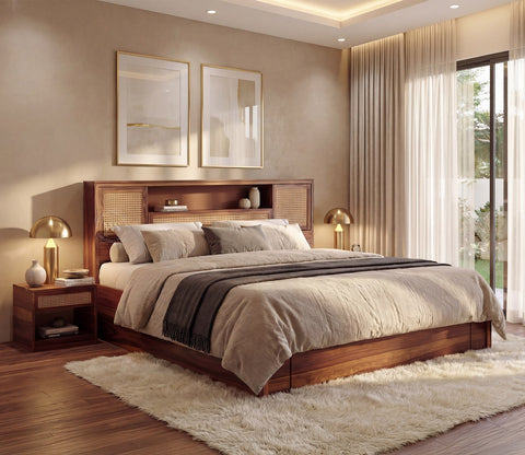 Ferguson Sheesham Wood Bed with Hydraulic Storage and Cane Detailing (Queen Size, Teak Finish)