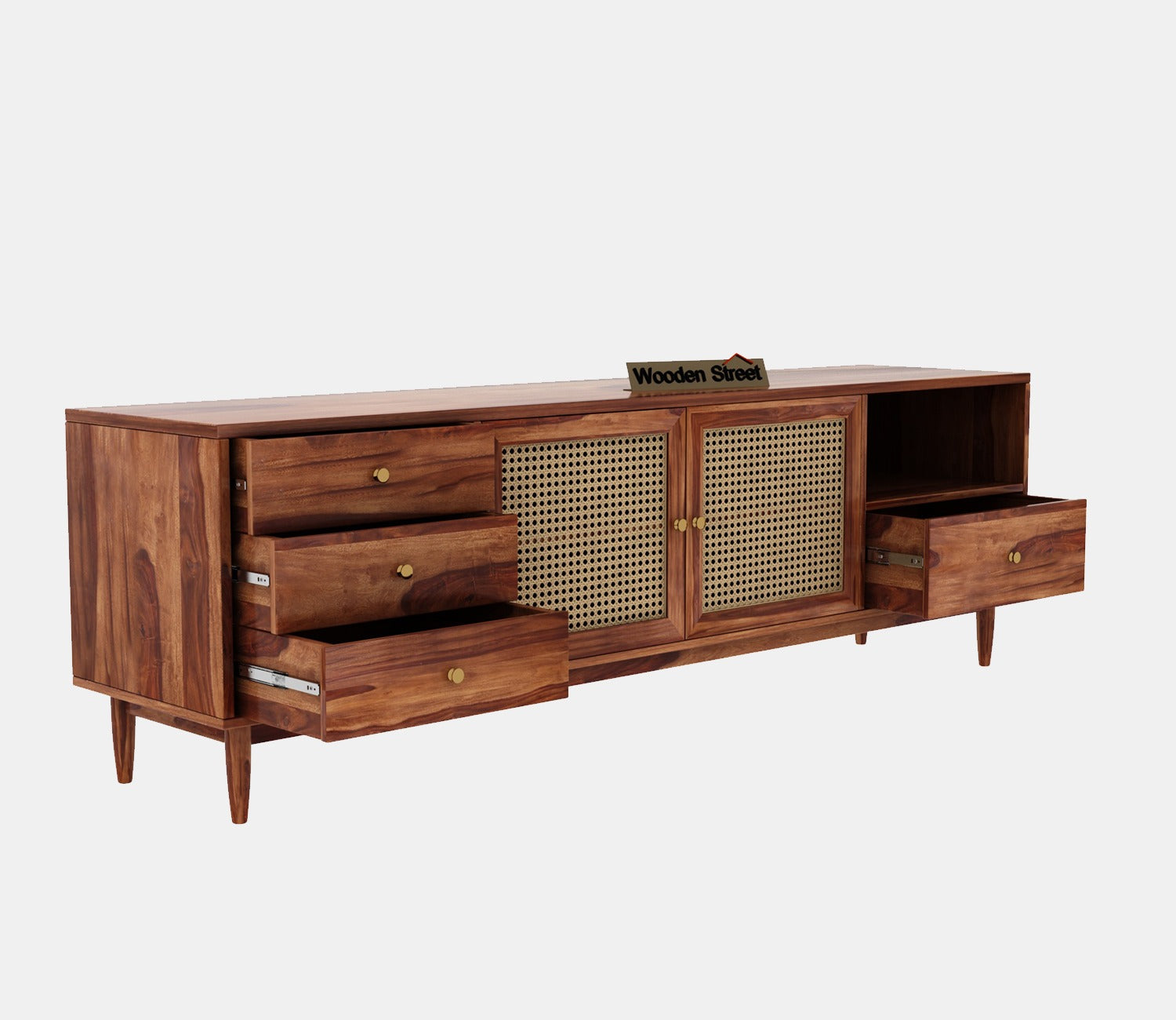 Eka Sheesham Wood and Cane TV Unit (Honey Finish)