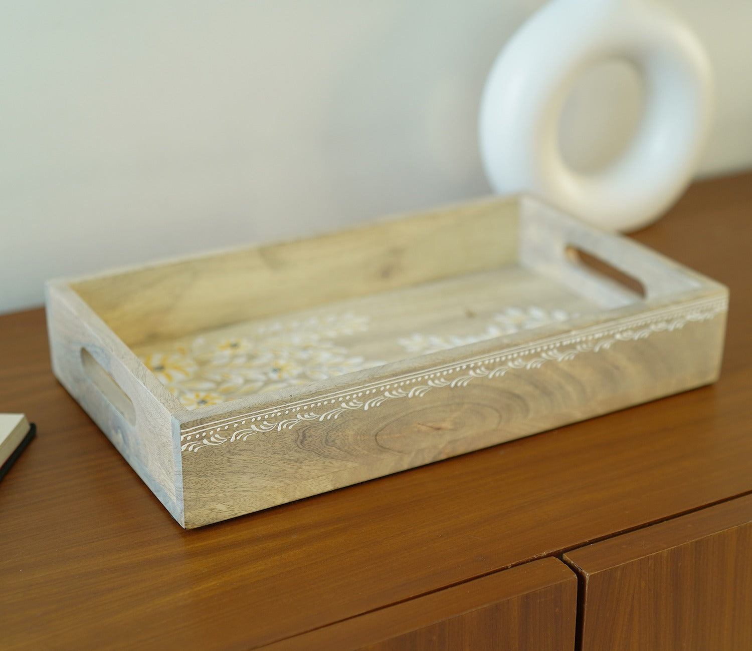 Adiva Floral Hand Painted Wooden Rectangle Serving Tray