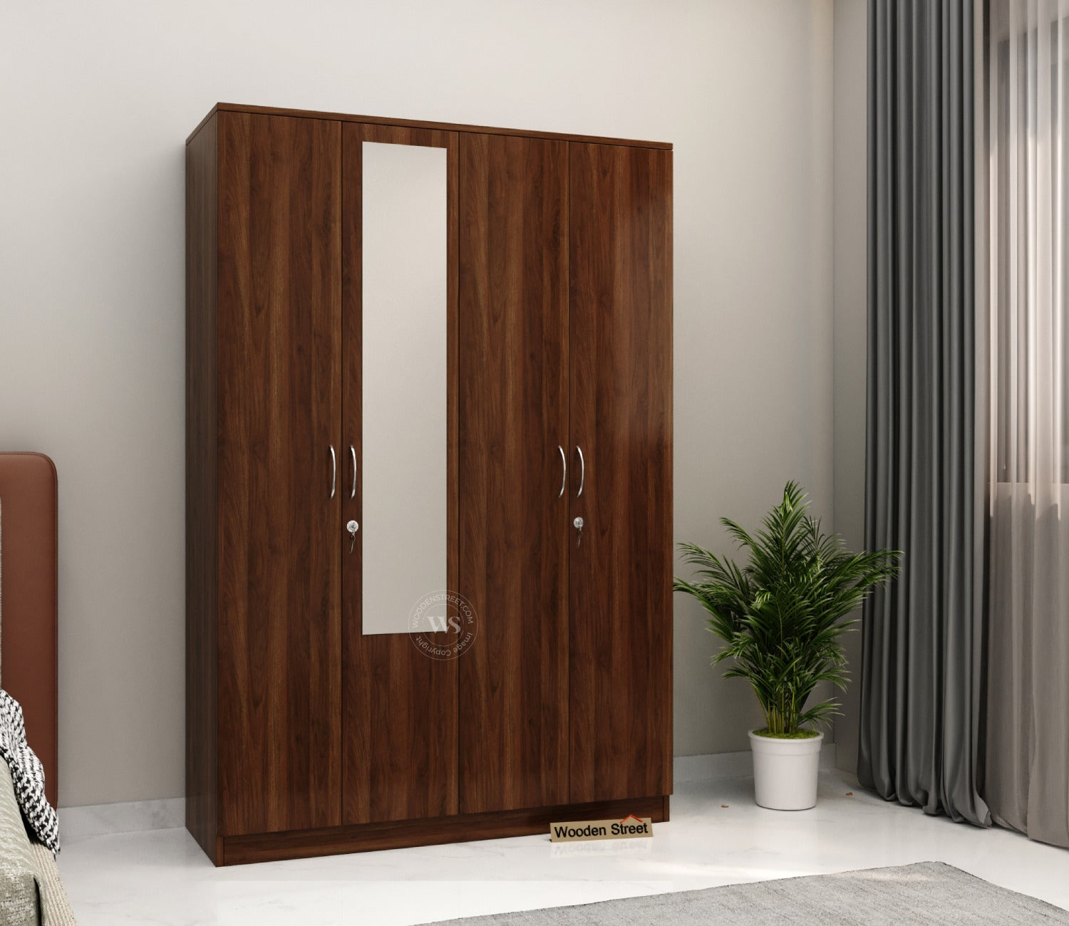 Kayden 4 Door Multi Utility Wardrobe With Mirror (Columbian Walnut Finish)
