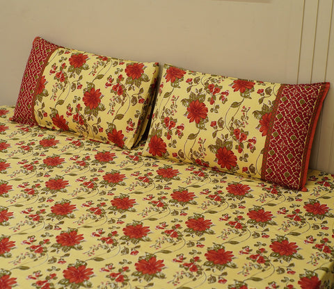 120 TC Floral Jaipuri Printed Cotton Double Bedsheet With 2 Pillow Cover