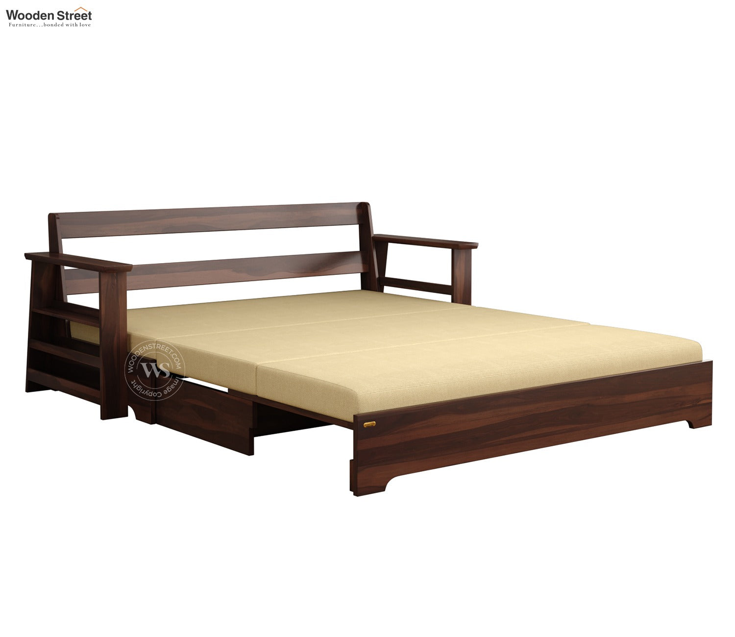 Della Sheesham Wood Sofa Cum Bed With Armrests (Walnut Irish Cream)