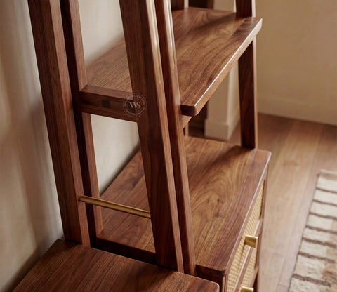 Vyas Sheesham Wood Study Table with Cane Accent, Drawers, Closed and Open Shelves (Teak Finish)