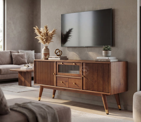 Hamona Premium Mango Wood TV Unit with Drawers And Cabinets (Teak Finish)
