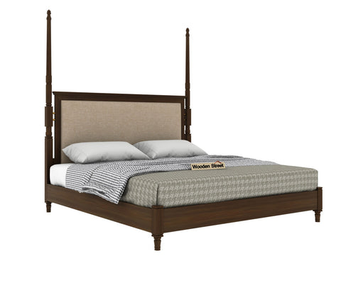 Regal Ash Wood Upholstered Poster Bed Without Storage (King Size, Teak Finish)