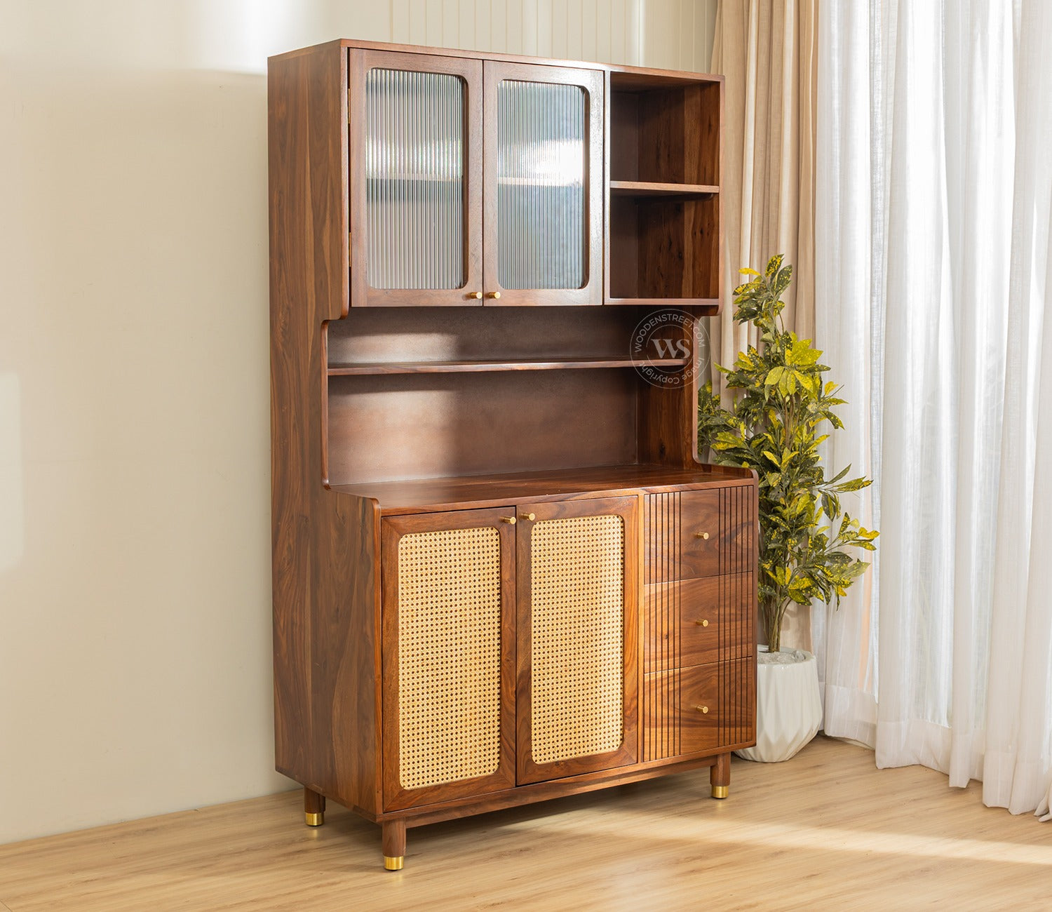 Tripti Classic Kitchen Cabinet with Fluted Glass, Cane Weave & Brass Knobs (Teak Finish)