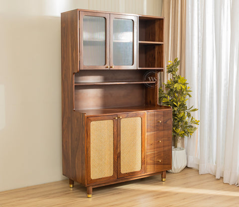 Tripti Classic Kitchen Cabinet with Fluted Glass, Cane Weave & Brass Knobs (Teak Finish)
