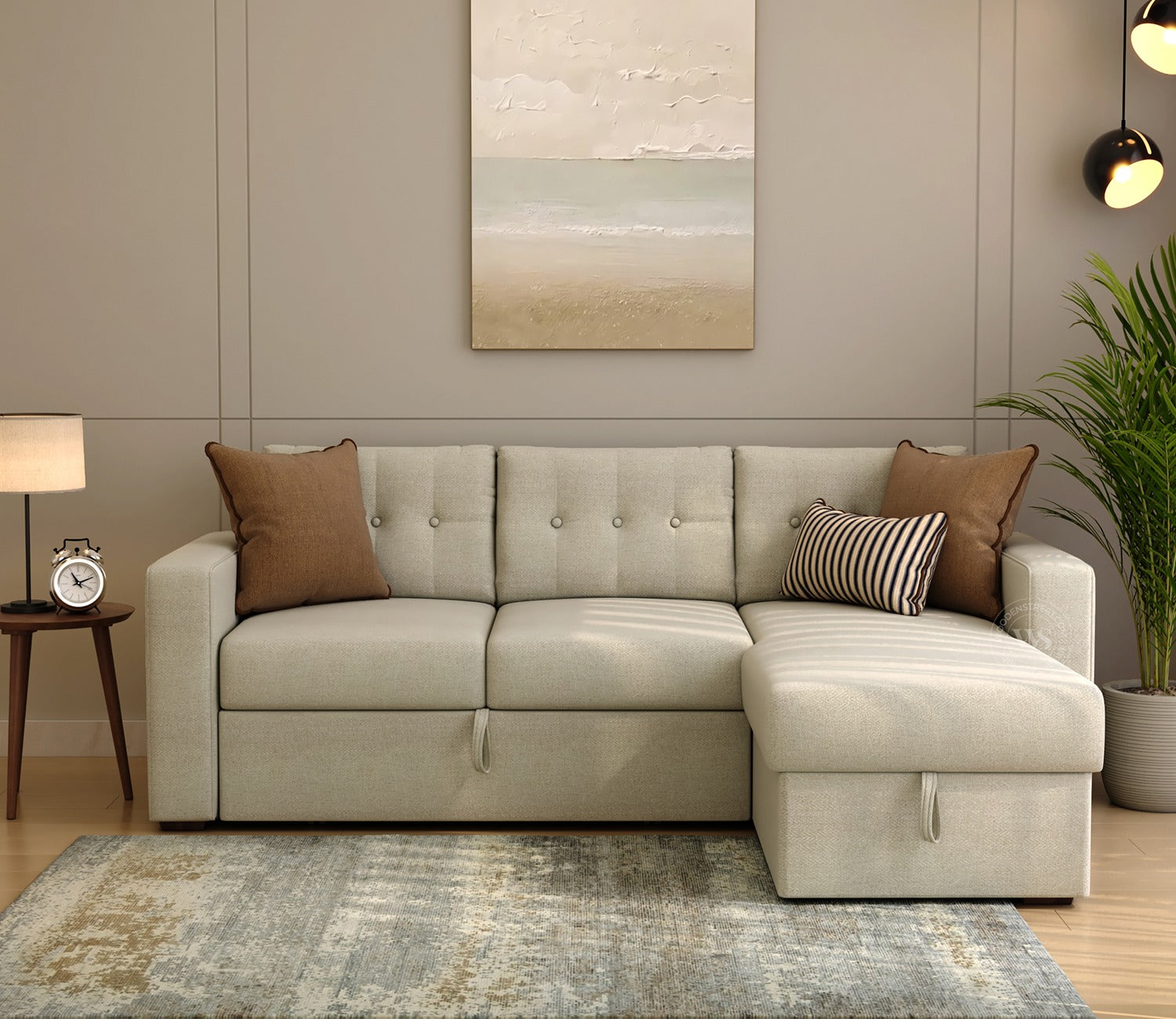 Alfonso Right Aligned Convertible Sofa Cum Bed (Cottage Ivory)