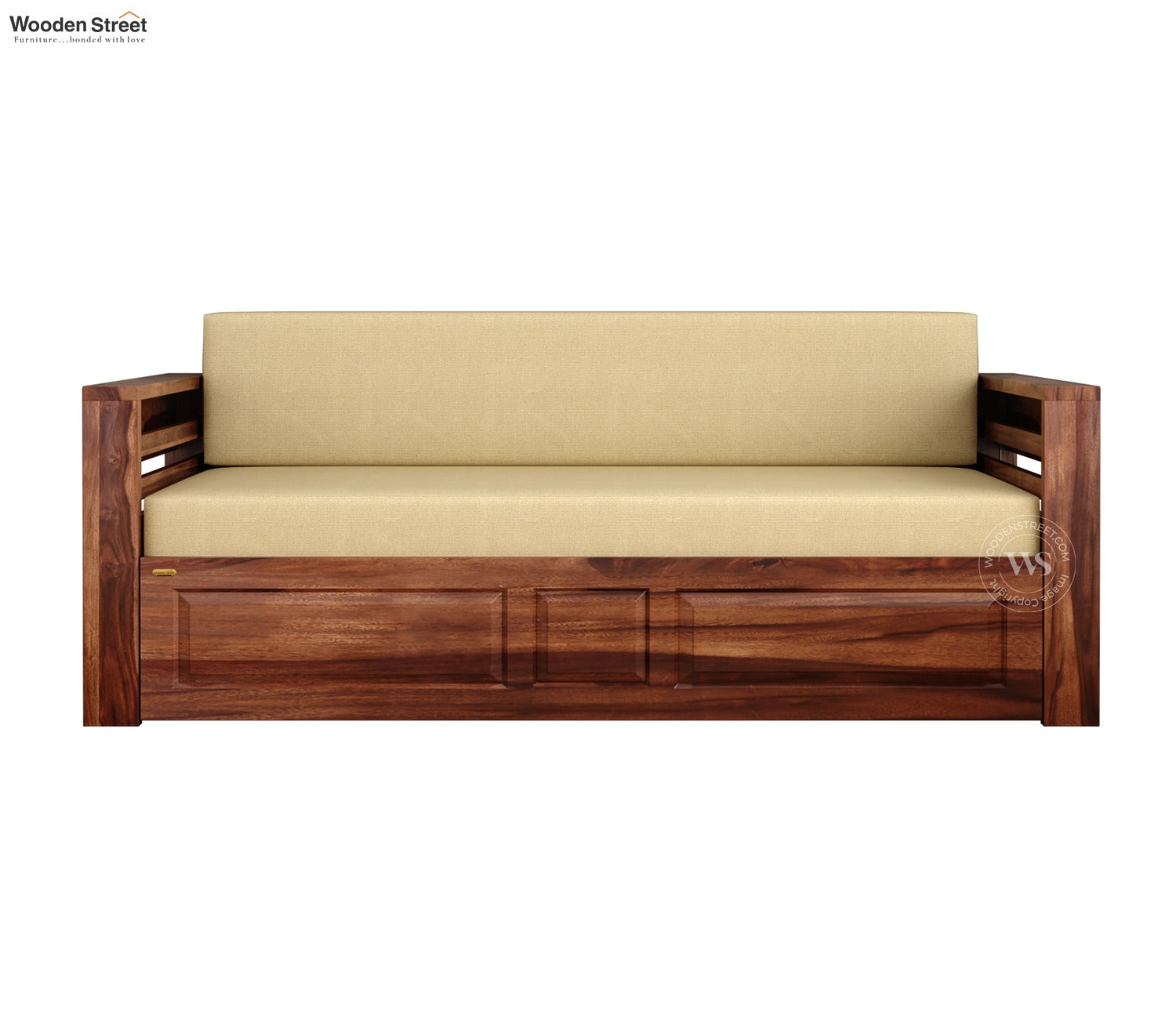 Feltro Sheesham Wood Sofa Bed With Storage (Queen Size, Honey Irish Cream)
