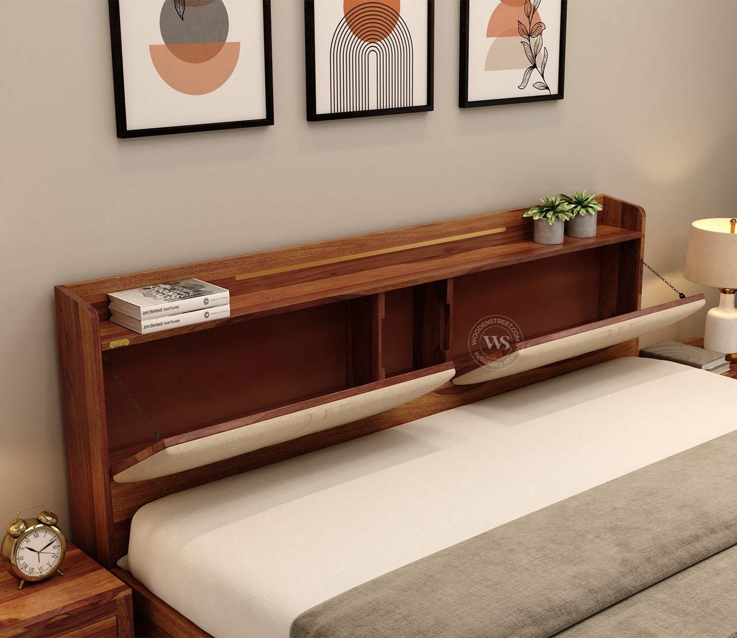 Wildon Premium Sheesham Wood Bed with Cushioned Headboard and Hydraulic Storage (Queen Size, Teak Finish)