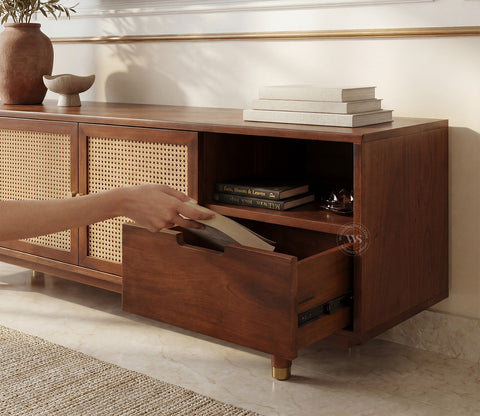Eka Premium Mango Wood TV Unit with Natural Cane Detailing - Bohemian Contemporary Design (Teak Finish)