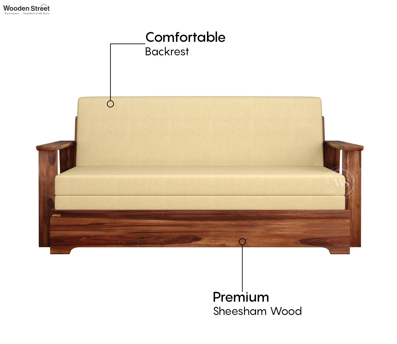 Della Sheesham Wood Sofa Cum Bed With Armrests (Honey Irish Cream)