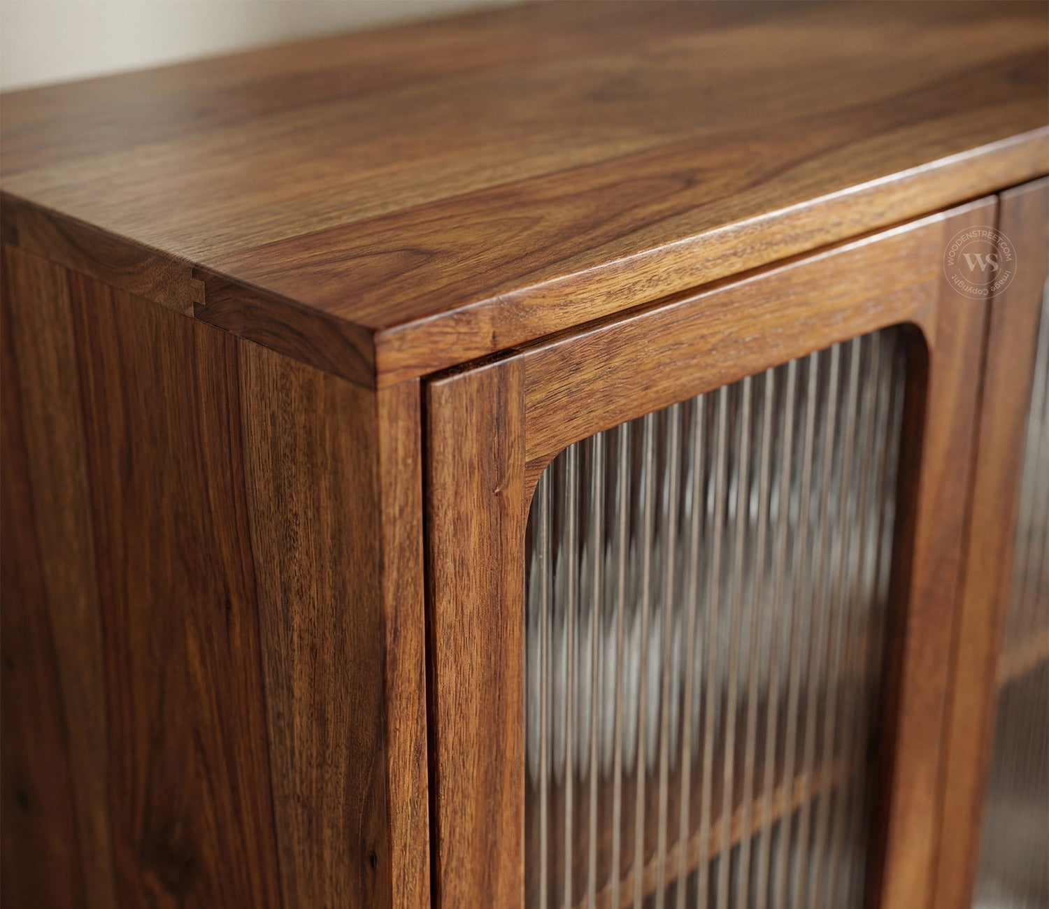 Tripti Classic Kitchen Cabinet with Fluted Glass, Cane Weave & Brass Knobs (Teak Finish)