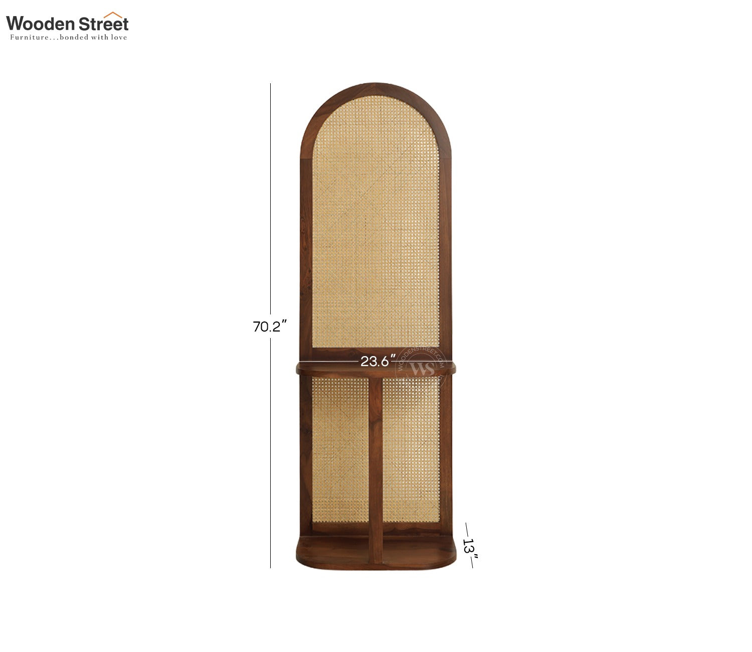 Aakruti Arch Sheesham Wood Single Panel Room Divider with Cane Weave & Open Shelf - Freestanding Partition Screen