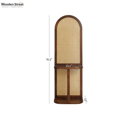Aakruti Arch Sheesham Wood Single Panel Room Divider with Cane Weave & Open Shelf - Freestanding Partition Screen