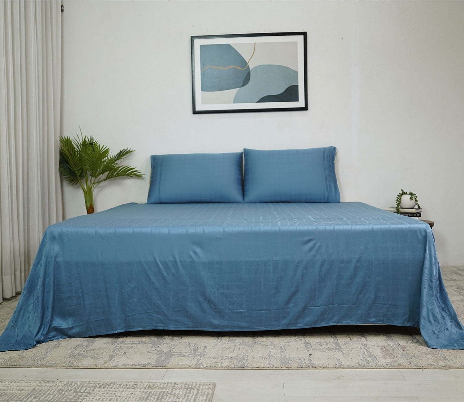 Dobby Checks Organic Bamboo 300 TC 2 Pillowcases and 1 Fitted Bedsheet (Blue, King Size)