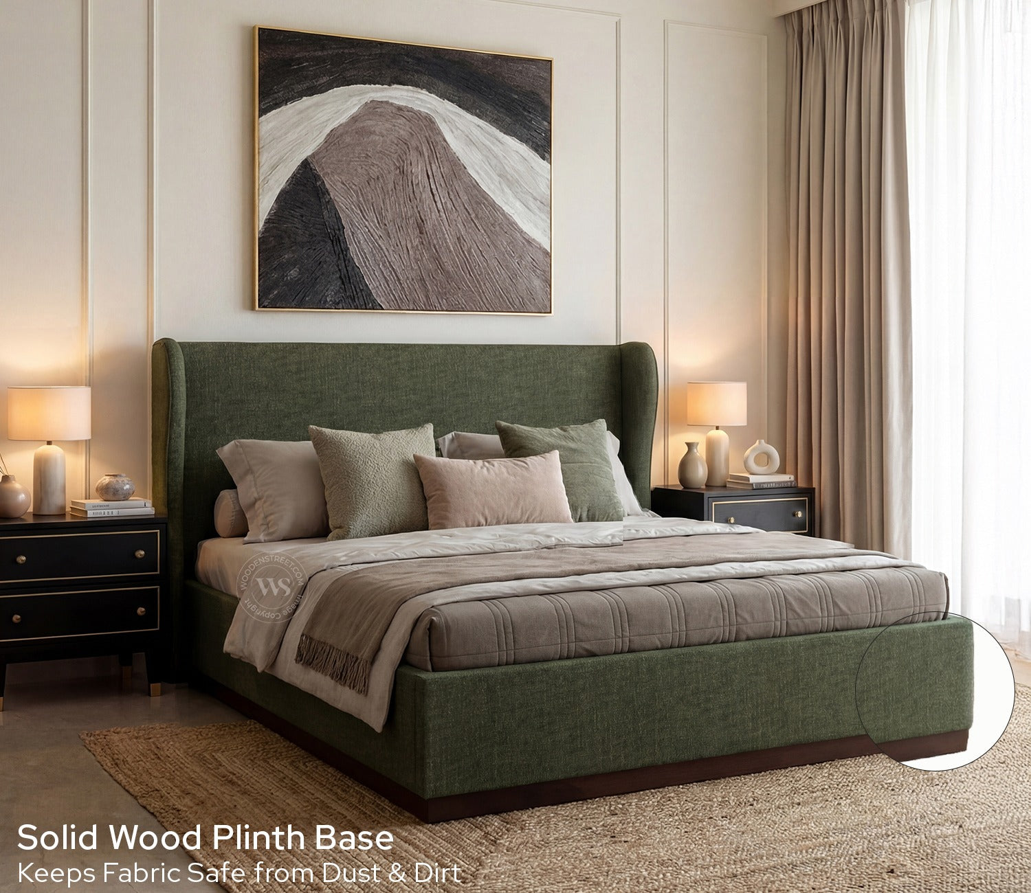 Adhiraj Luxurious Fabric Hydraulic Storage Bed with Plush Wingback Headboard (King Size, Sage Green)