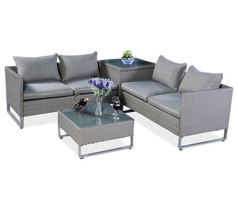Grey Color Rattan And Wicker 4 Seater Patio Set With table And Grey Cushions