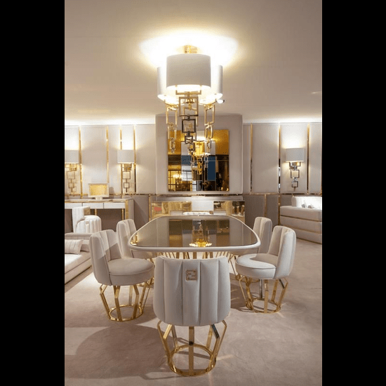 Trueliving Cream Glass Luxurious Dinning Table H 30 x W 45 x D 35; Chair : H 34 x W 18 x D 18
