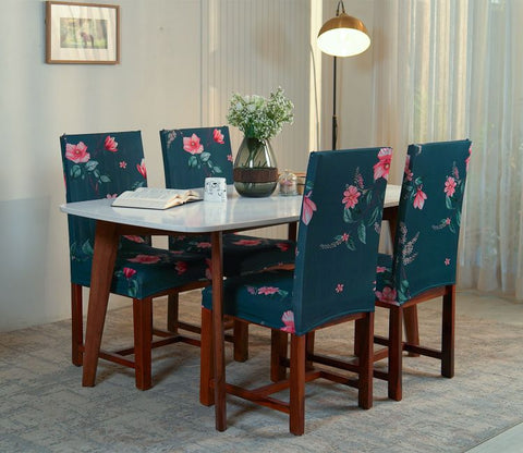 Flaubert Anti Slip Floral Printed Polyester Dining Chair Cover Set Of 4 (Blue)