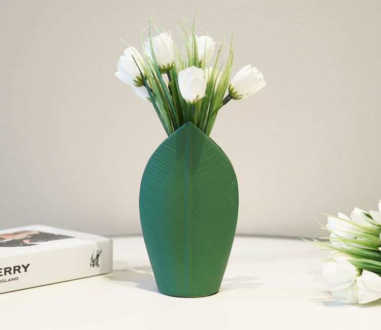 Sleek Green Leaf Ceramic Vase
