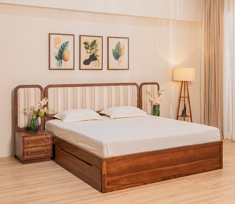 Iransh Premium Sheesham Wood Bed with Striped Headboard Drawer Storage and 2 Bedside Tables (Queen Size, Cream Stripe)