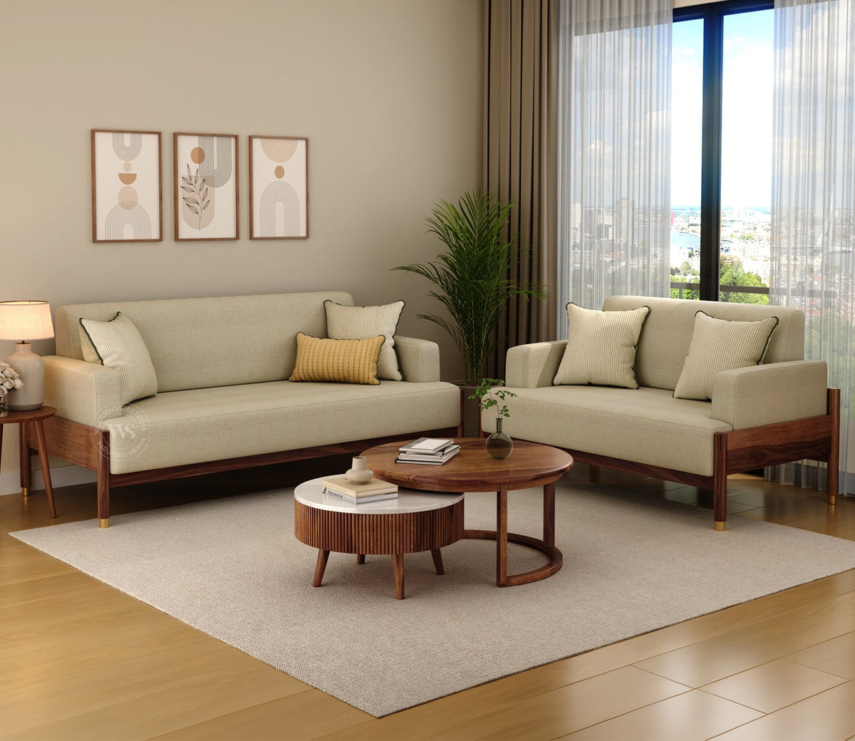 Kairav Modern 3+2 Wooden Sofa Set with Premium Upholstery (Cottage Ivory)