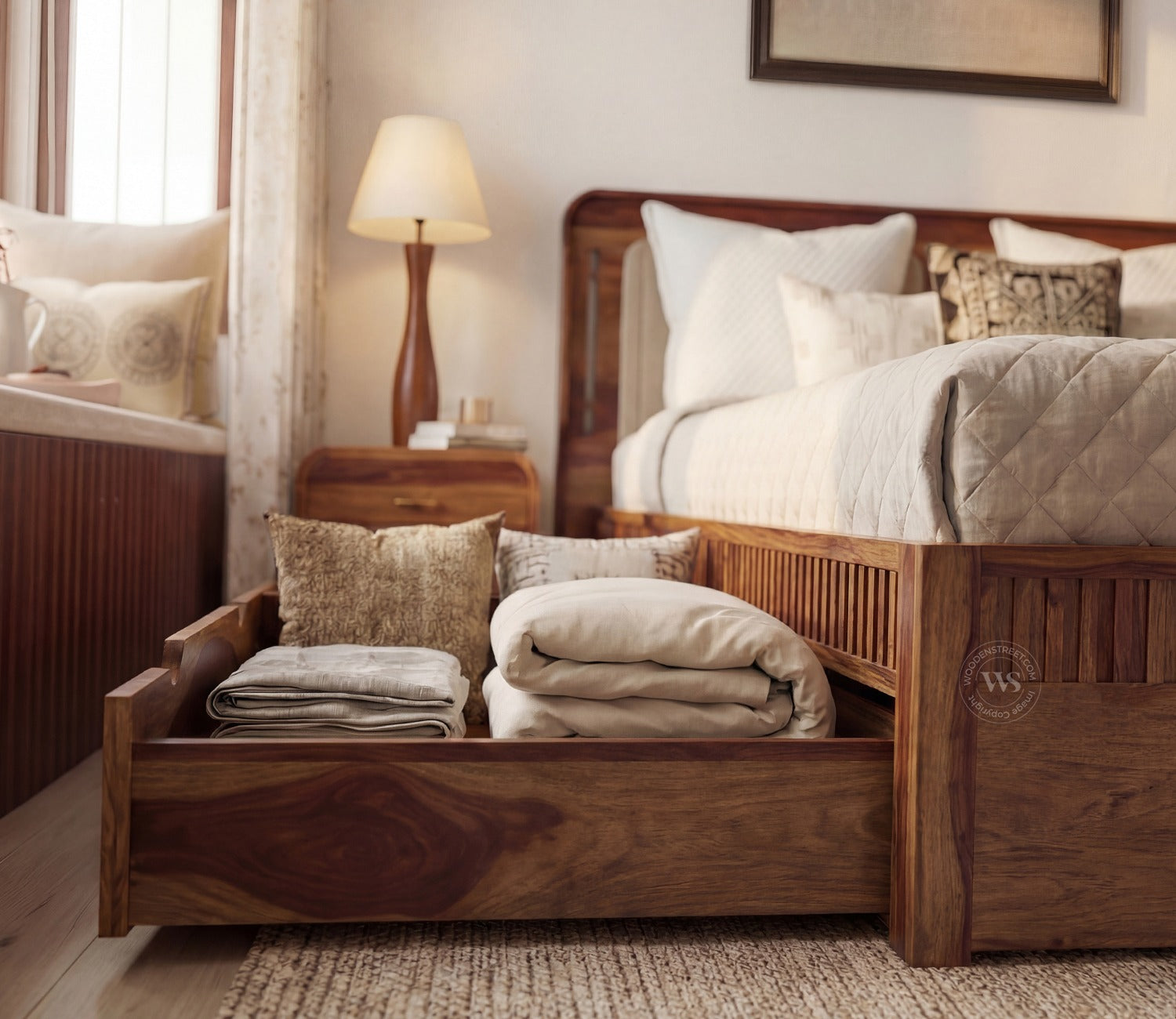 Lotus Premium Sheesham Wood Bed with Drawer Storage (Queen Size, Teak Finish)