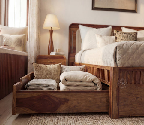 Lotus Premium Sheesham Wood Bed with Drawer Storage (Queen Size, Teak Finish)