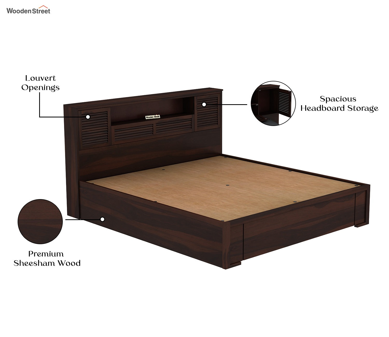 Ferguson Sheesham Wood Hydraulic Bed With Storage (Queen Size, Walnut Finish)