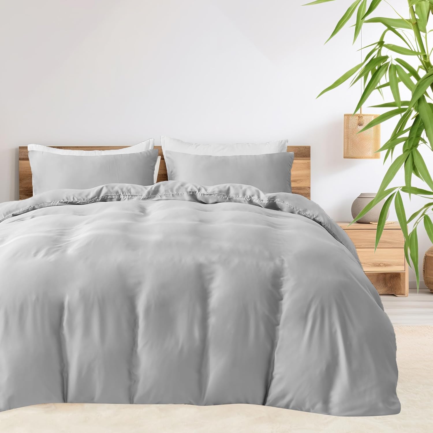 LINENCART 100% Bamboo Quilt Cover Set Queen Size - Cooling Breathable for Hot Sleepers- Silky Smooth 3pcs Doona Cover Set with Corner Ties & Button Closure - (Charcoal, Queen)