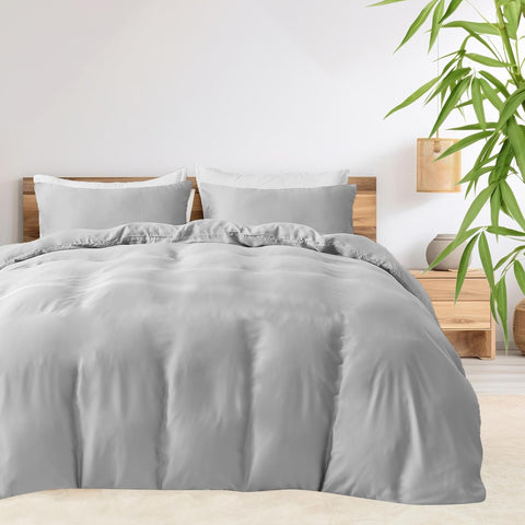 LINENCART 100% Bamboo Quilt Cover Set Queen Size - Cooling Breathable for Hot Sleepers- Silky Smooth 3pcs Doona Cover Set with Corner Ties & Button Closure - (Charcoal, Queen)