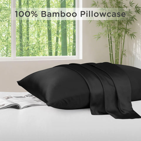 LINENOVA 100% Bamboo Pillowcase Queen Size Set of 2 - Breathable Cooling for Hot Sleepers and Night Sweats- Silky Soft Pillowcases with Envelope Closure - (Black 51x76cm)