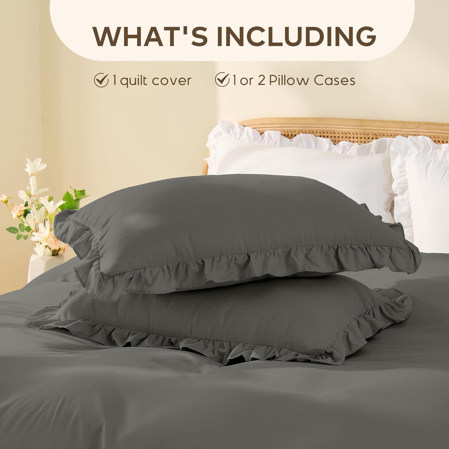 LINENOVA Ruffle Quilt Cover Set Single – Ultra Soft 2000TC Microfibre Duvet Doona Cover with Corner Ties & Button Closure – 2-Piece Bedding Set with Pillowcase - Dark Grey