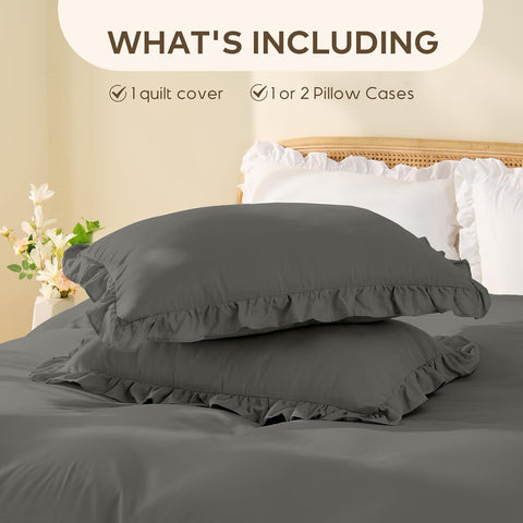 LINENOVA Ruffle Quilt Cover Set Single – Ultra Soft 2000TC Microfibre Duvet Doona Cover with Corner Ties & Button Closure – 2-Piece Bedding Set with Pillowcase - Dark Grey