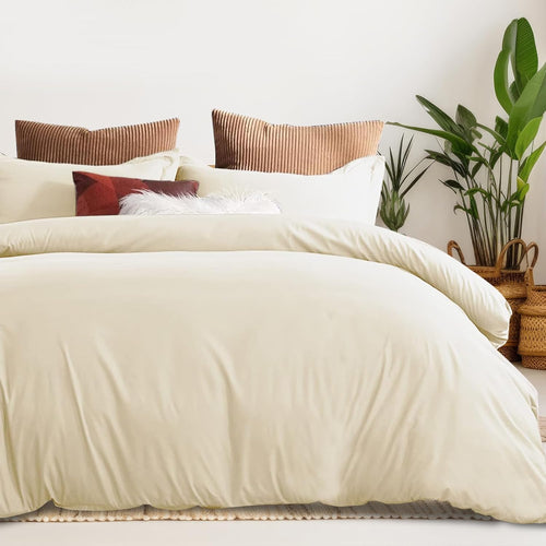 LINENCART 100% Cotton Queen Quilt Cover Set Breathable Moisture Wicking All Season Hotel Inspired Duvet Cover with Pillowcase 3 Piece Cream