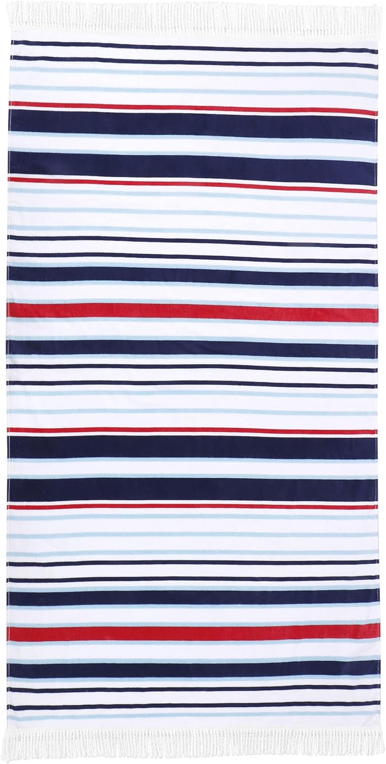 LINENOVA 100% Cotton Beach Towel -86x163cm Sand Free Beach Blanket Soft and Absorbent Towels for Swimming, Sports, Beach, Gym, Travel ((Nautical Stripe