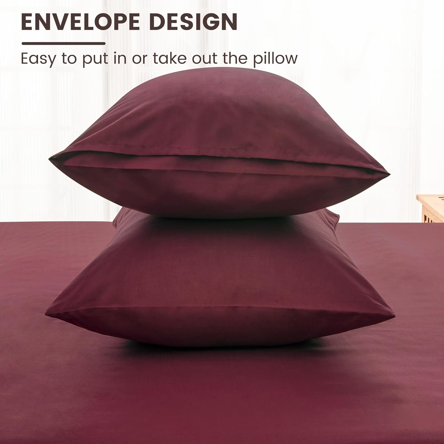 LINENCART Luxury Cotton Blend Pillowcases (Set of 2) - Queen 51x76cm, Envelope Closure Soft and Breathable Pillowcases Set- Burgundy