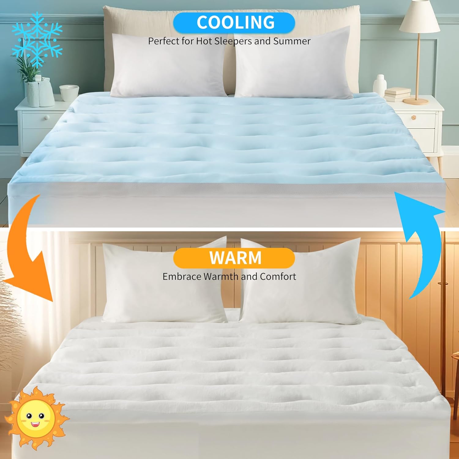 LINENOVA Warm Mattress Topper King – 5cm Thick, Coral Fleece Winter Side, Cooling Reverse, 1000GSM Fill, Soft, Breathable & Washable, 45cm Deep Pocket