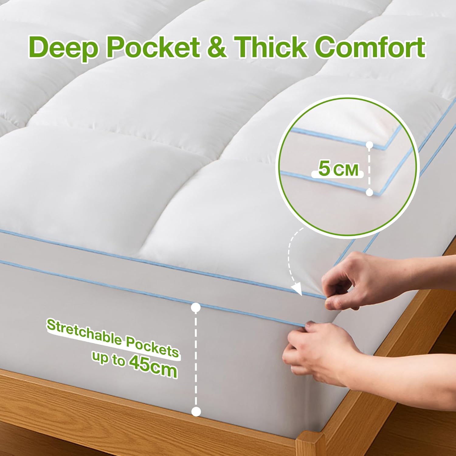 LINENOVA Bamboo Mattress Topper Queen, 1000GSM Ultra Thick 5cm Pillowtop, Naturally Cooling & Breathable for Hot Sleepers, Hypoallergenic Plush Mattress Pad, Machine Washable