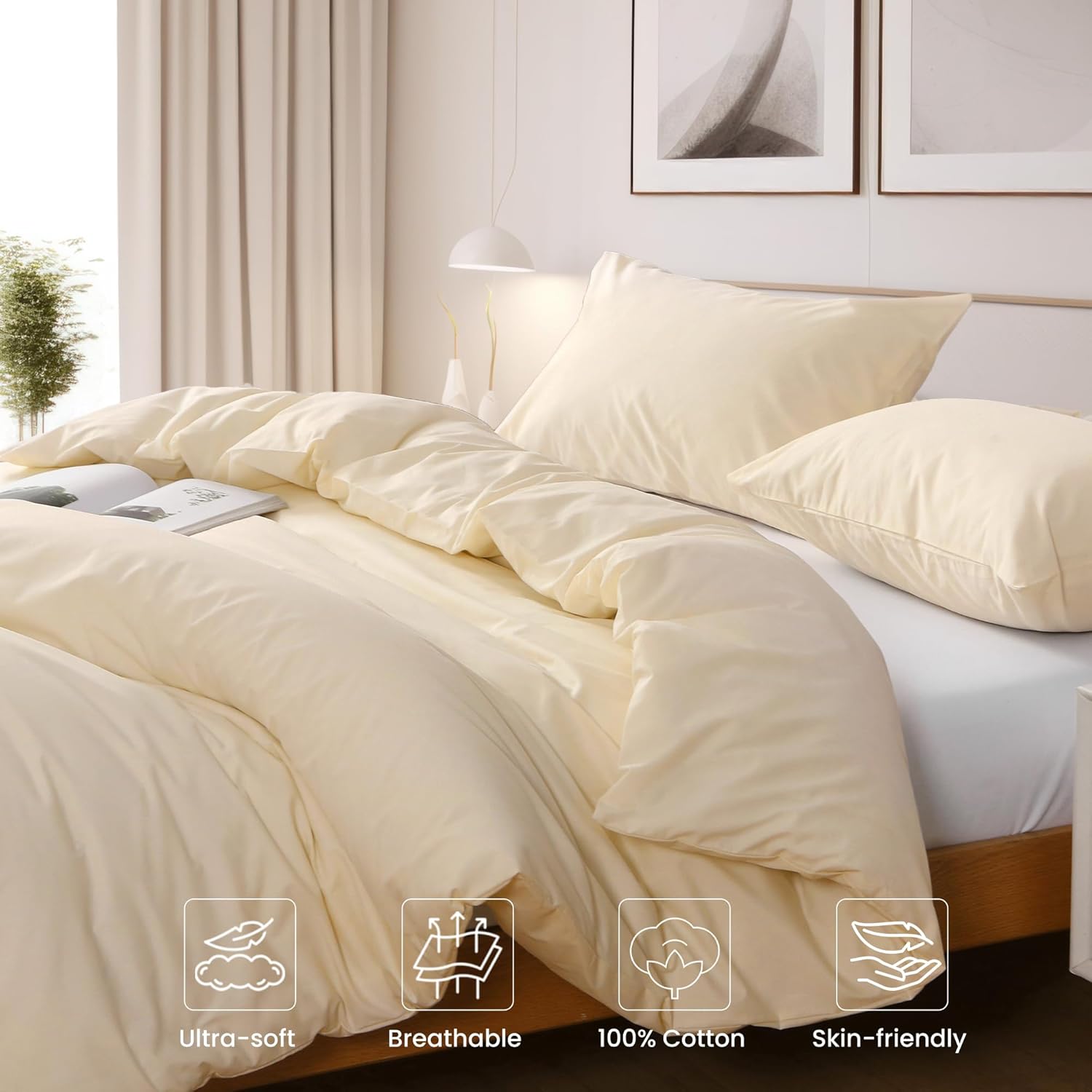 LINENOVA 100% Cotton Queen Quilt Cover Set Breathable Moisture Wicking All Season Hotel Inspired Duvet Cover with Pillowcase 3 Piece Cream