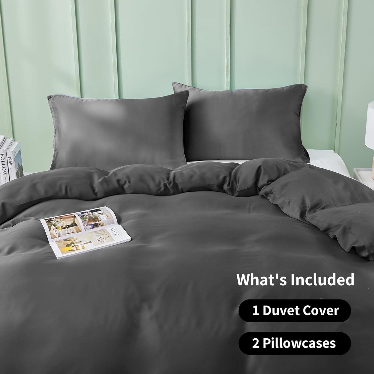 LINENOVA 100% Bamboo Quilt Cover Set Queen Size - Cooling Breathable for Hot Sleepers- Silky Smooth 3pcs Doona Cover Set with Corner Ties & Button Closure - (Charcoal, Queen)