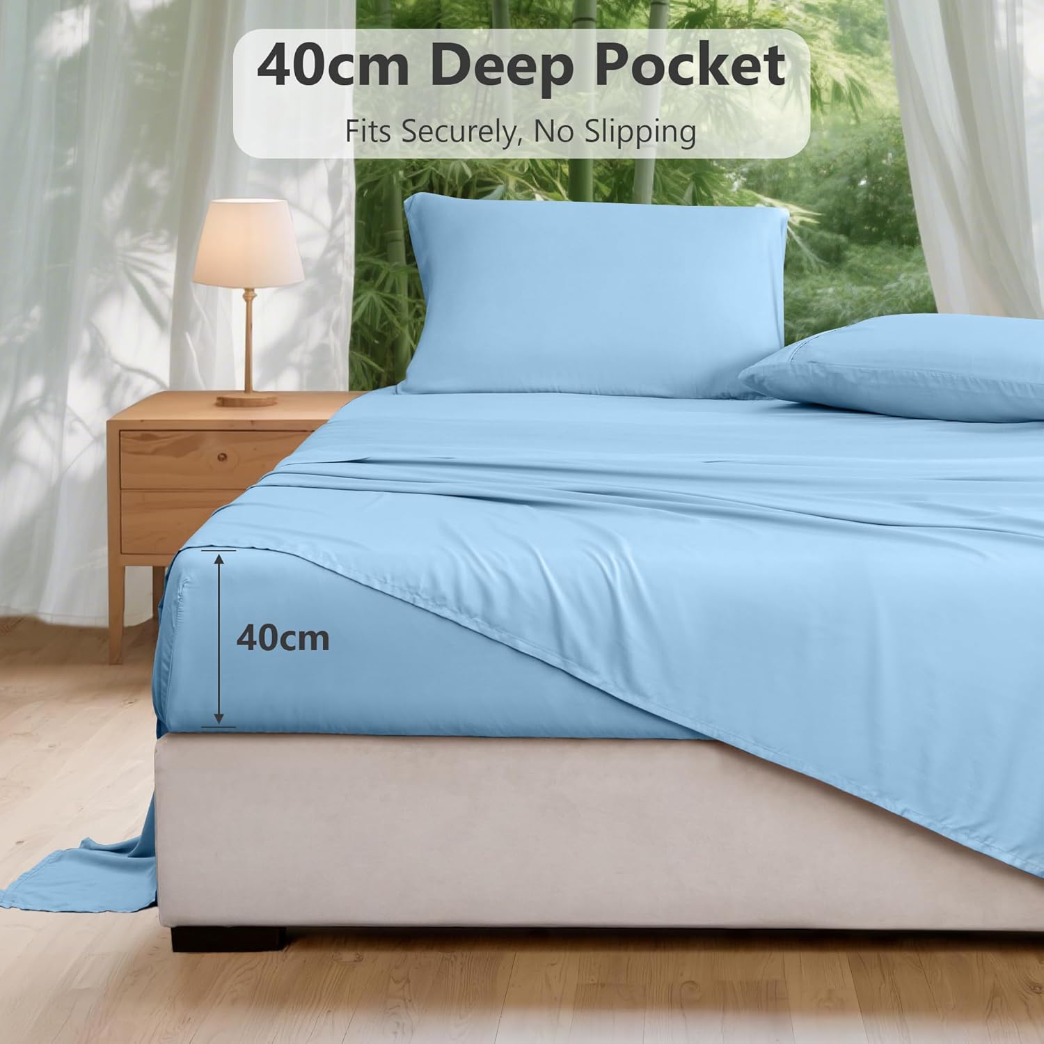 LINENOVA Bamboo Sheets Set Double Size,100% Cooling Bamboo Sheet Set for Hot Sleepers, Moisture Wicking Bed Sheets with 40cm Deep Pocket, Silky Soft Bedding Sheets (Double, Delicate Blue)