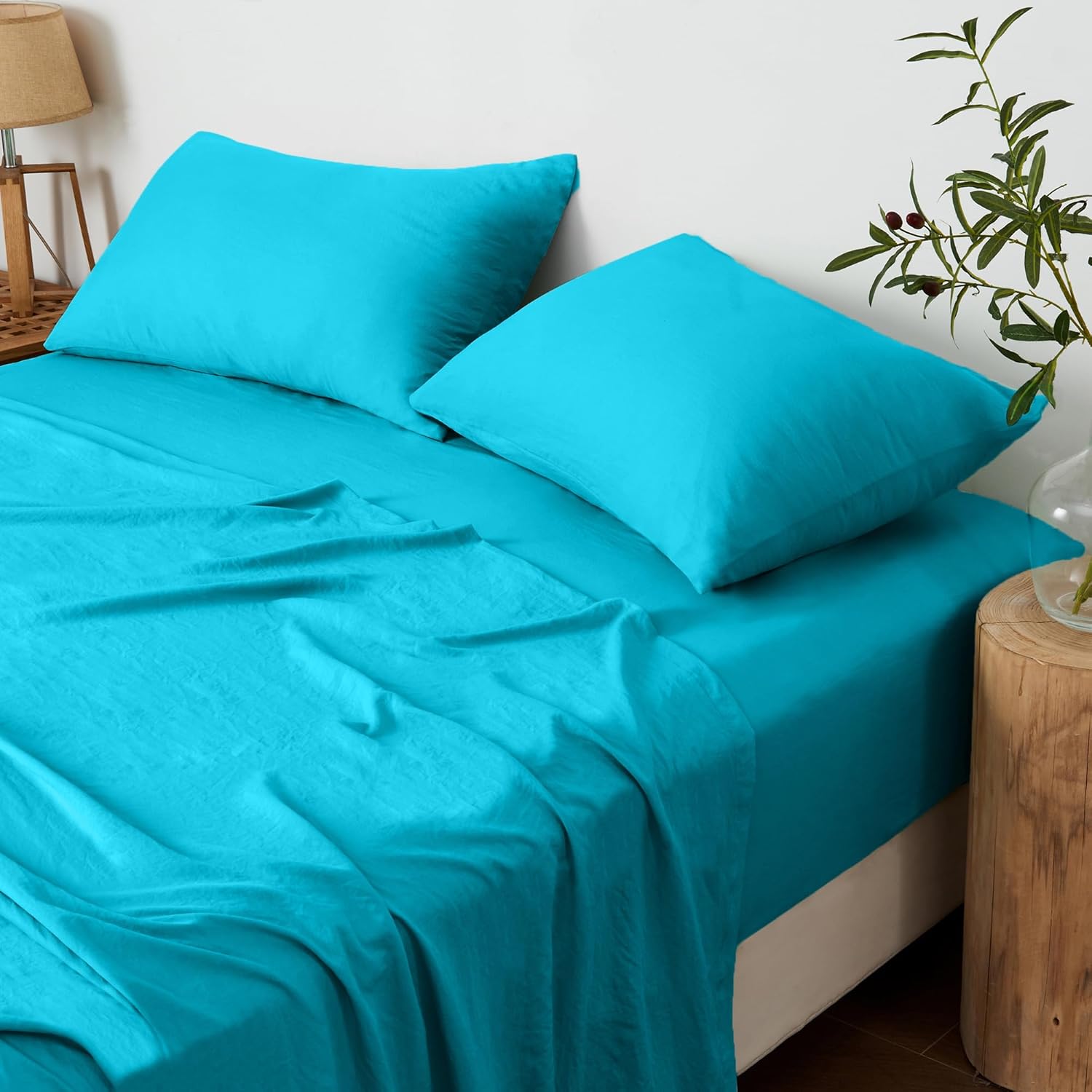 LINEKART Vintage Washed King Sheet Set - 4 Piece Premium 2000TC Ultra-Soft Microfiber Bed Sheets - Cotton-Like Texture - Breathable and Soft- Sheets & Pillowcases (King, White)