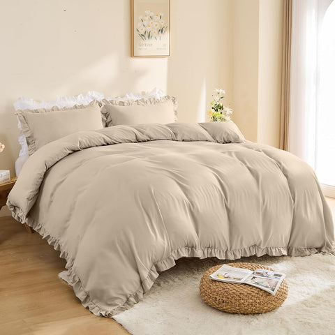 LINENOVA Ruffle Quilt Cover Set Queen – Ultra Soft 2000TC Microfibre Duvet Doona Cover with Corner Ties & Button Closure – 3-Piece Bedding Set with 2 Pillowcases - Warm Sand