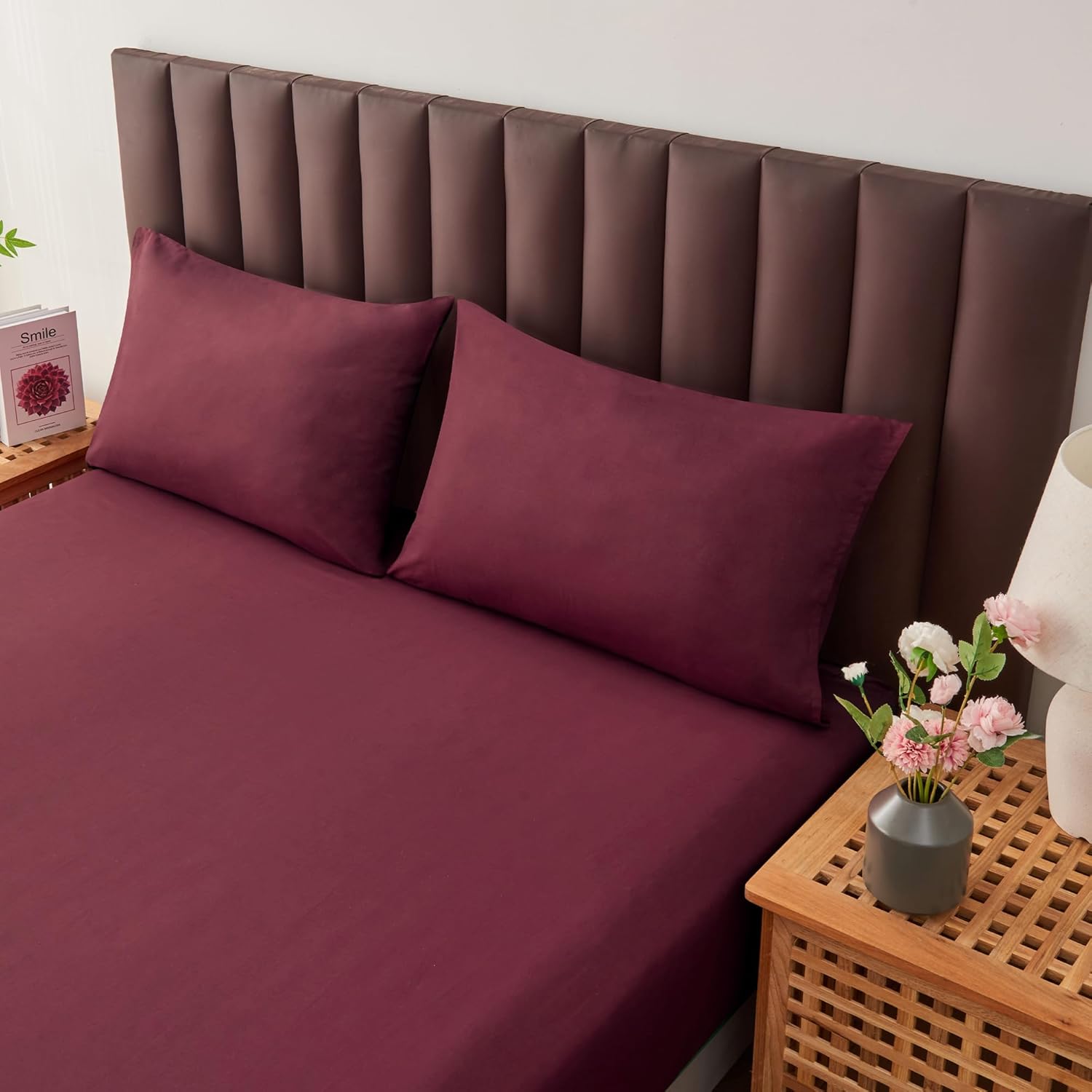 LINENCART Luxury Cotton Blend Pillowcases (Set of 2) - Queen 51x76cm, Envelope Closure Soft and Breathable Pillowcases Set- Burgundy