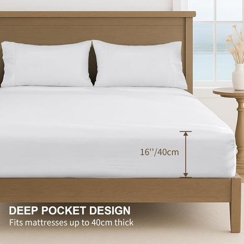 LINENOVA Hotel Quality Double Bed Sheet Set – 4 Piece 2000TC Ultra Soft Durable Brushed Microfibre – 40cm Deep Pocket Fitted Sheet, Flat Sheet & 2 Pillowcases – Wrinkle-Free & Easy Care – White