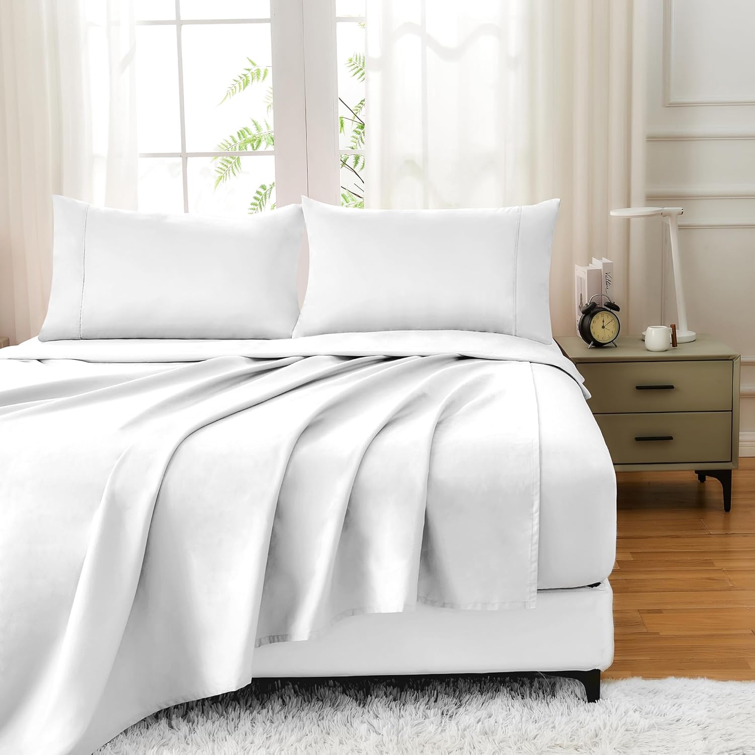 LINENOVA Luxury 100% Natural Cotton Bed Sheet Set - 40cm Deep Pocket Fitted Sheet & Flat Sheet & 1 Pillowcase - 3 Piece